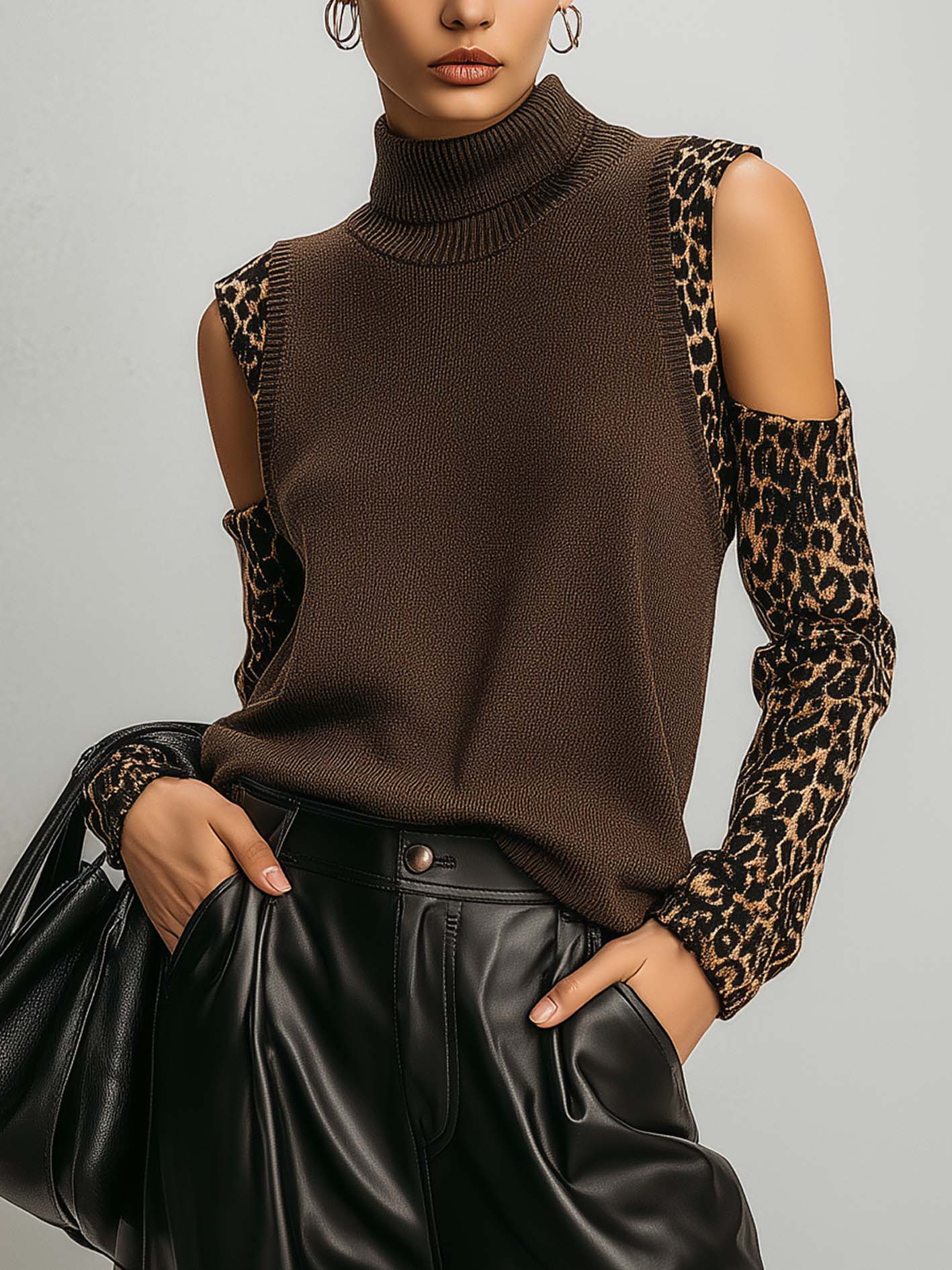 Chocolate Cold Shoulder Leopard Sleeve Knit Sweater