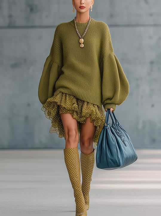 Olive Green Knit Mini Dress With Balloon Sleeves And Polka-Dot Ruffle Hem