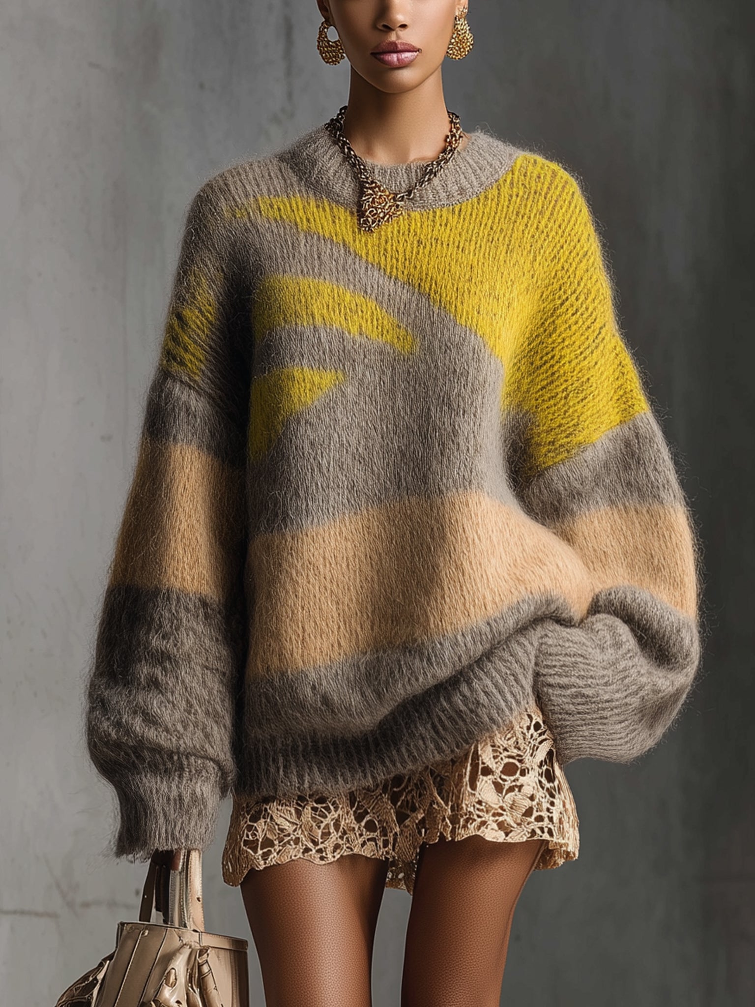 Gray And Yellow Soft Mohair Color Blocked Lace Trimmed Long Sleeve Mini Dress