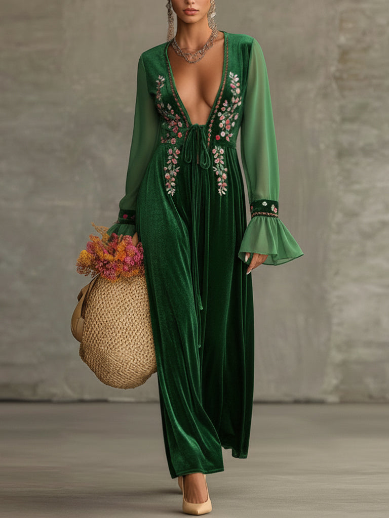 Green Velvet Embroidered Tie Front Maxi Dress With Chiffon Sleeves