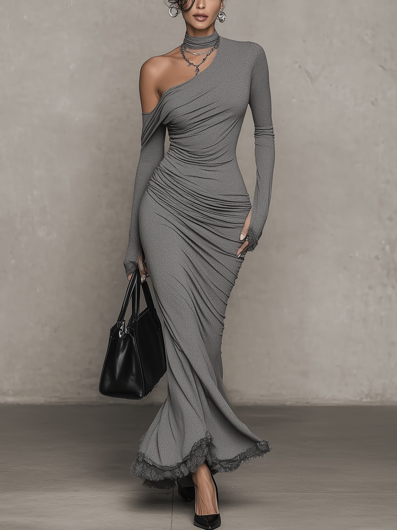 Gray Stretch Knit Bodycon Mermaid Maxi Dress With Chiffon Ruffle Hem