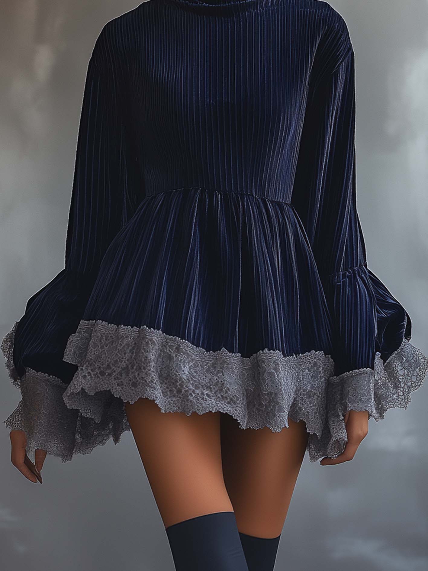 Dark Blue Corduroy Mini Dress With Elegant Gray Lace Trim