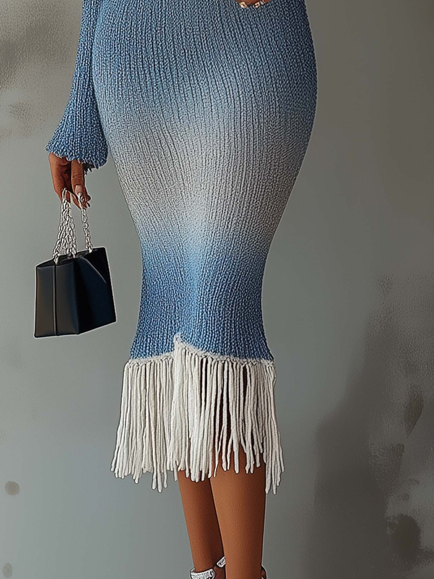 Blue And Gray Gradient Knitted Midi Bodycon Dress With Tassels