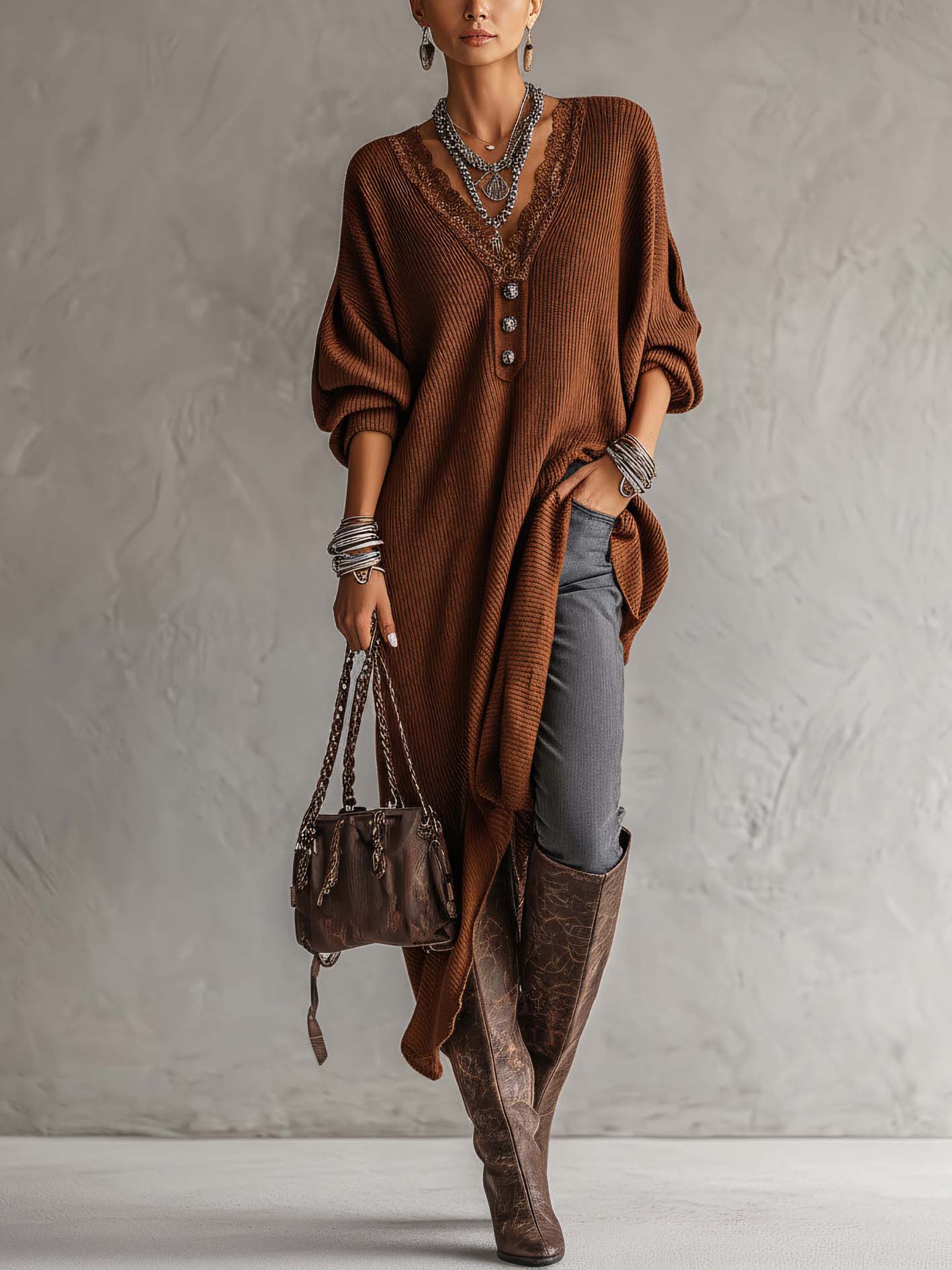 Brown Lace Patchwork Ribbed Knit Button Maxi Dress