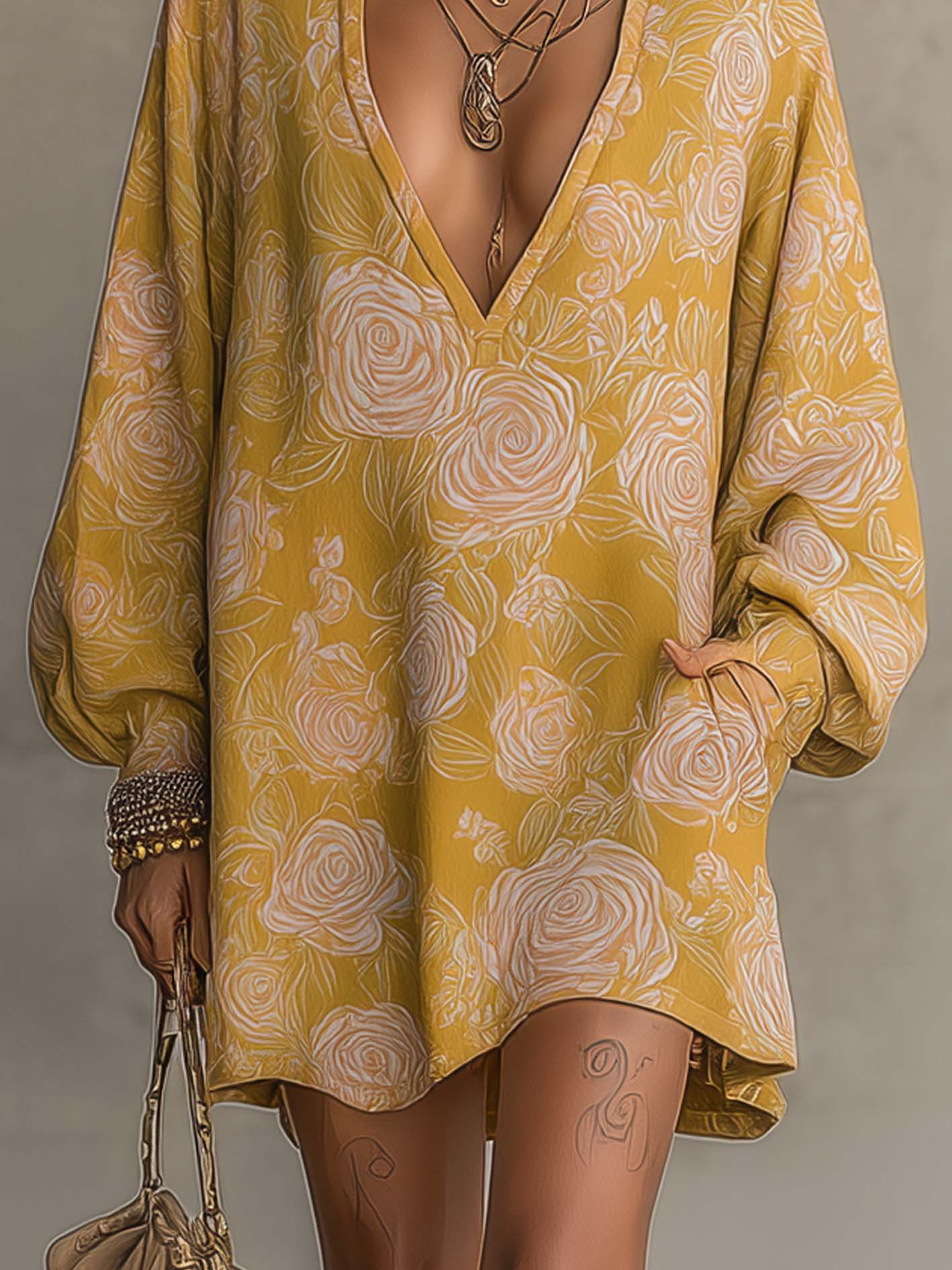 Yellow Rose Print Cotton-Linen V-Neck Long Sleeve Mini Dress