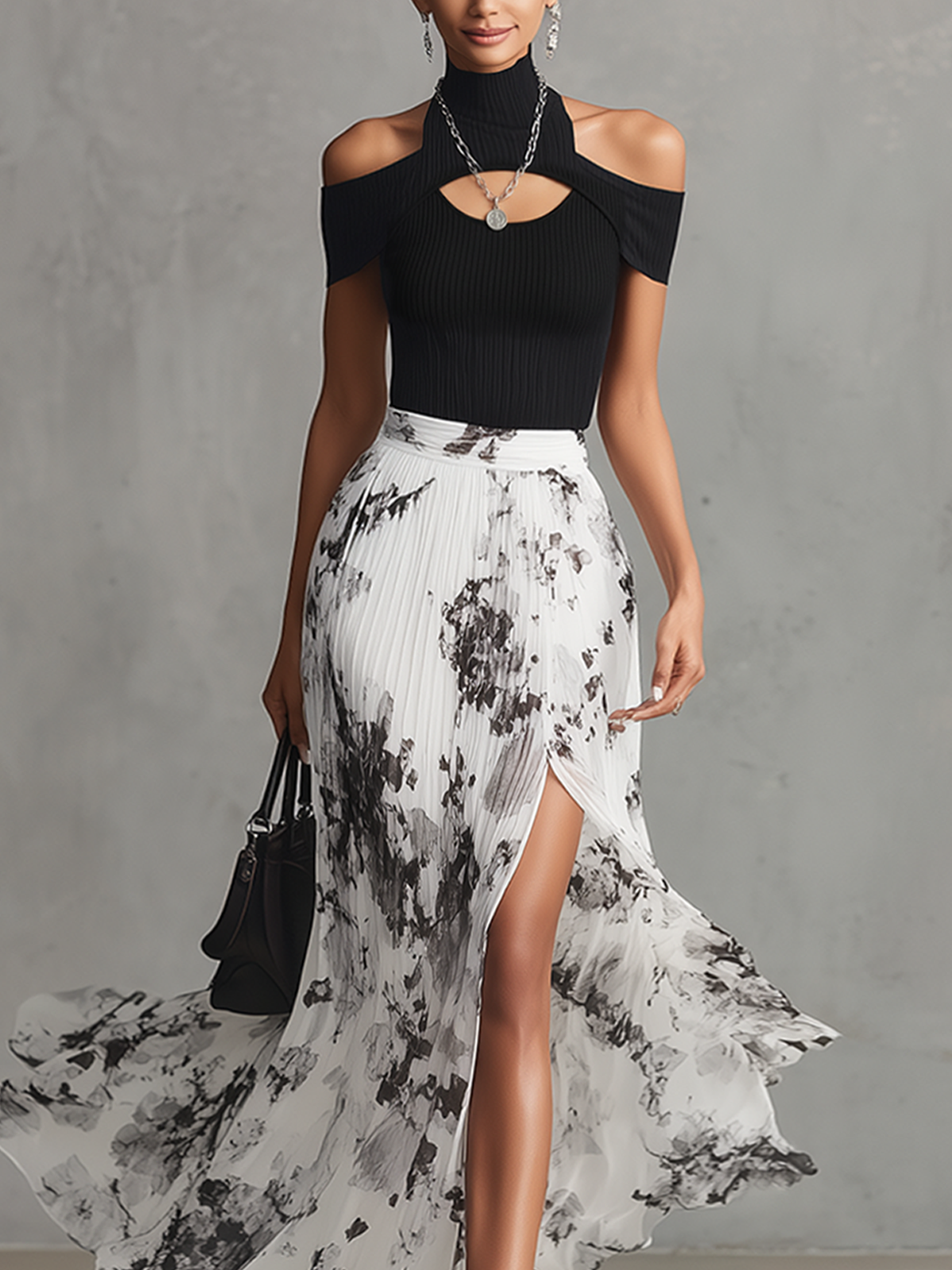 Black Cutout Cold Shoulder Top & White Floral Pleated Maxi Dress