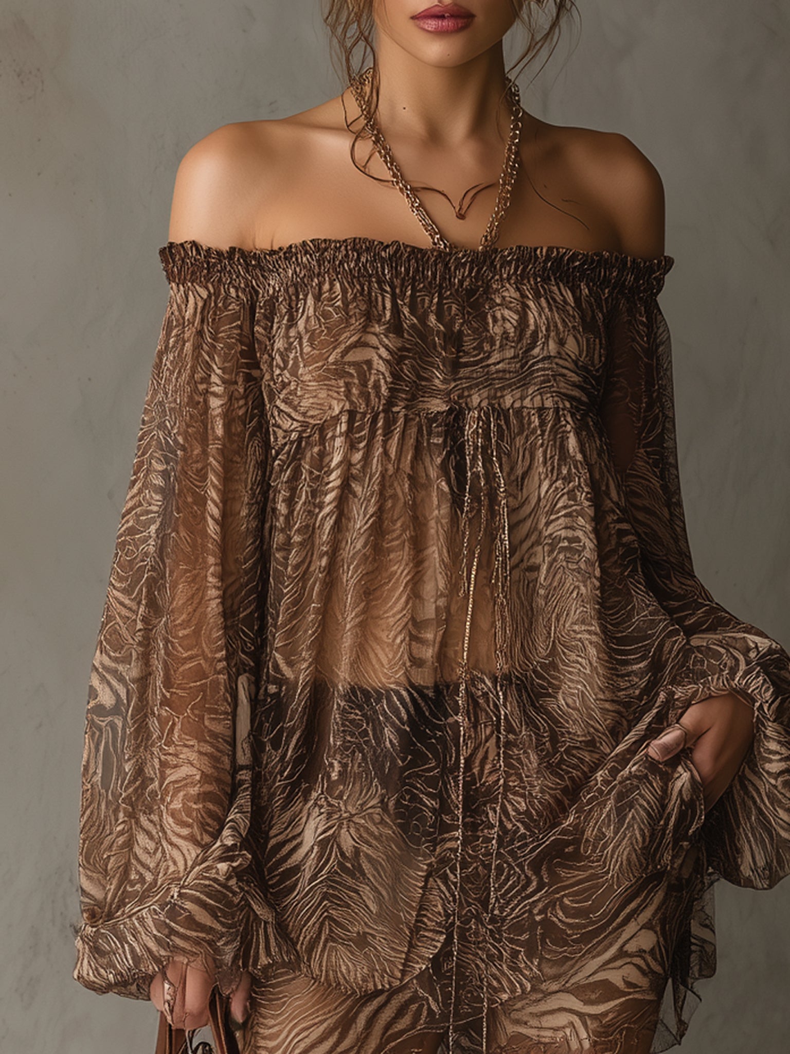 Brown Animal Print Chiffon Off Shoulder Top And Shorts Set