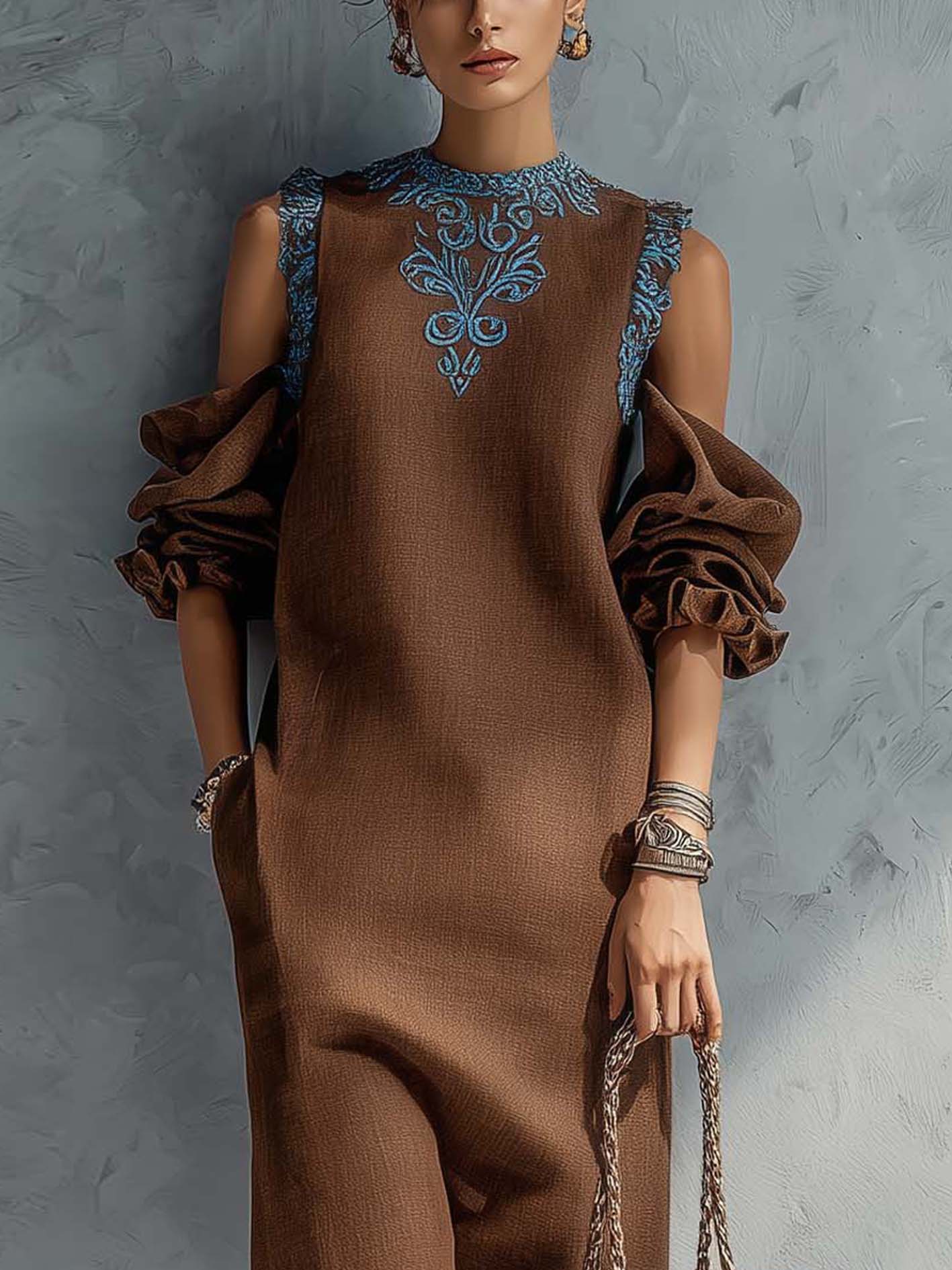 Brown Cotton-Linen Cold Shoulder Midi Dress With Vintage Blue Embroidery