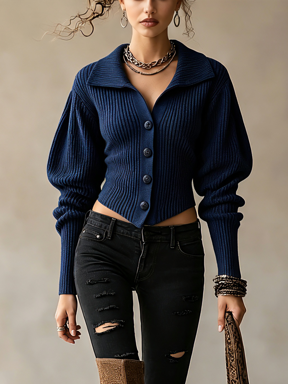 Navy Ribbed Collared Button‑Front Cropped Knit Top