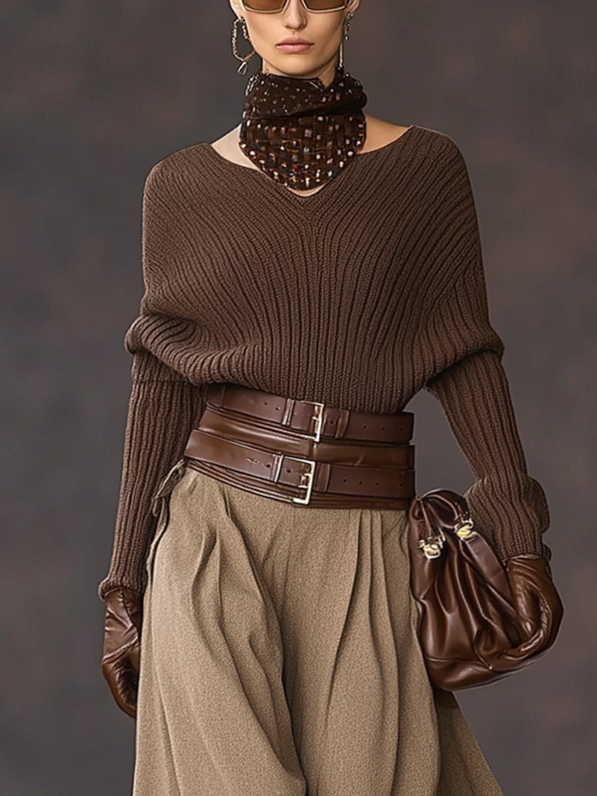 Chocolate Knit Top And Woolen Maxi Skirt Set With Belt