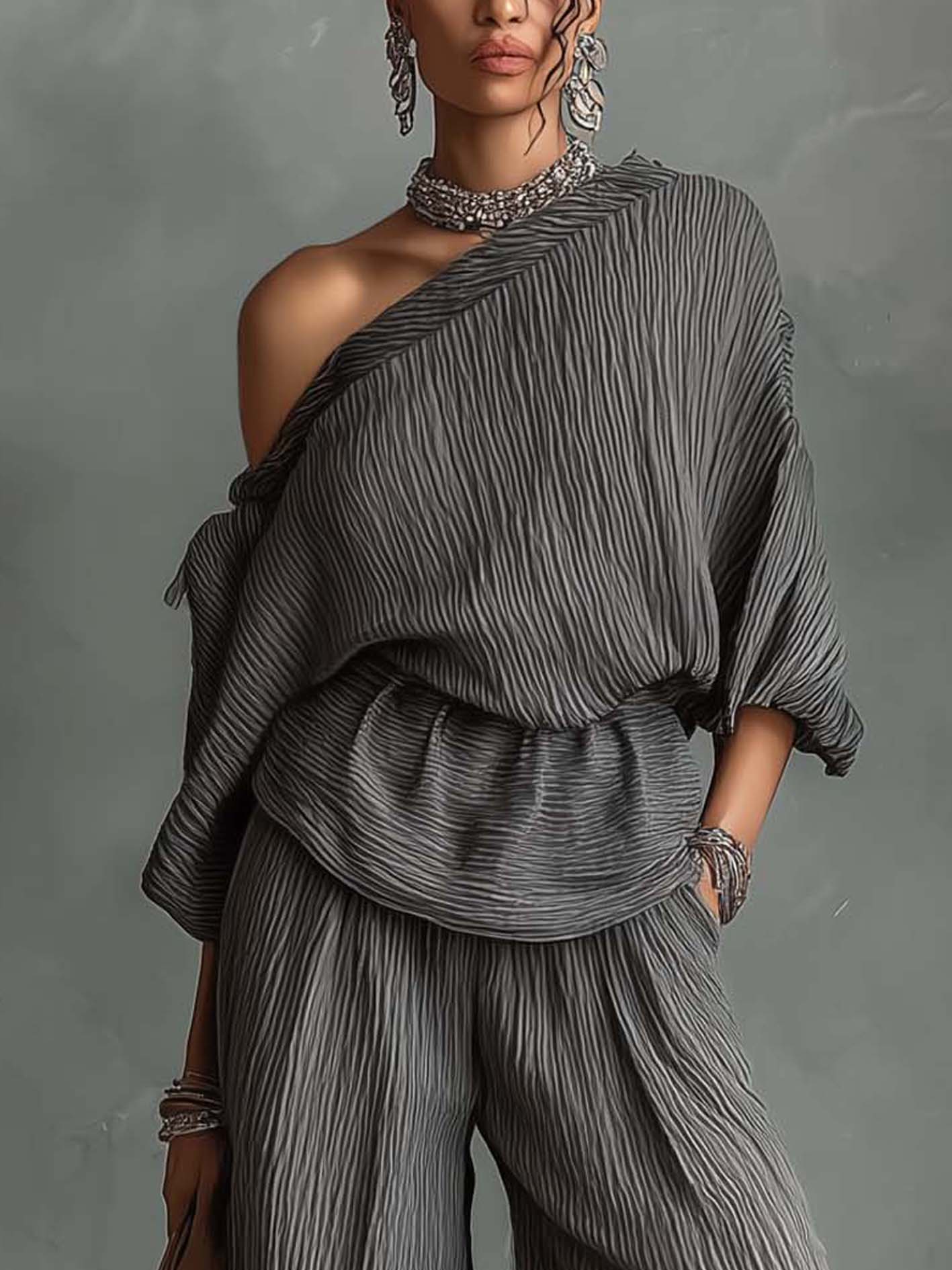 Dark Gray Pleated One Shoulder Top And Wide Leg Pants Set