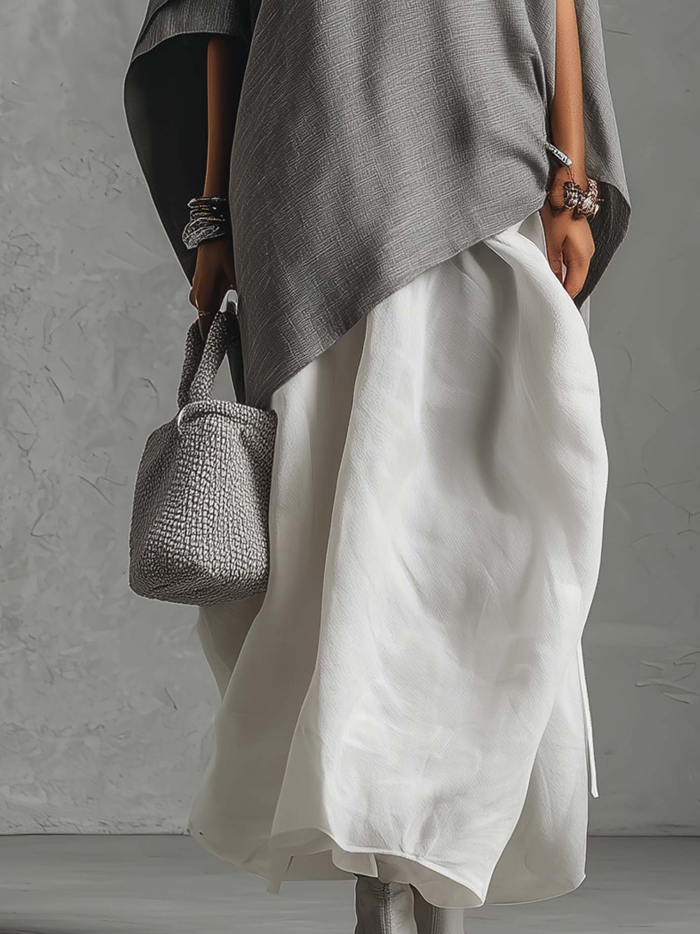 Gray And White Cotton Linen Dress Set