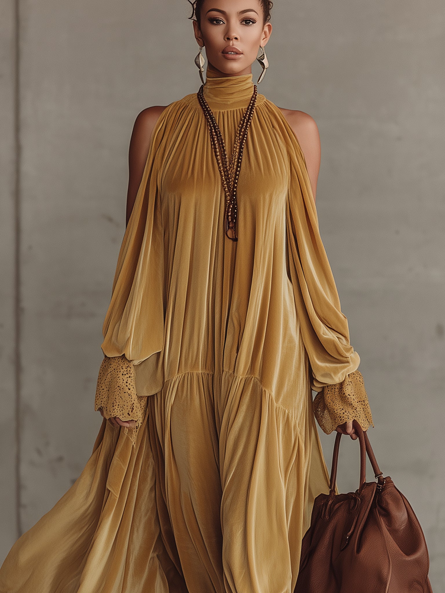 Yellow Velvet Off Shoulder High Neck Long Dress With Lace Hem