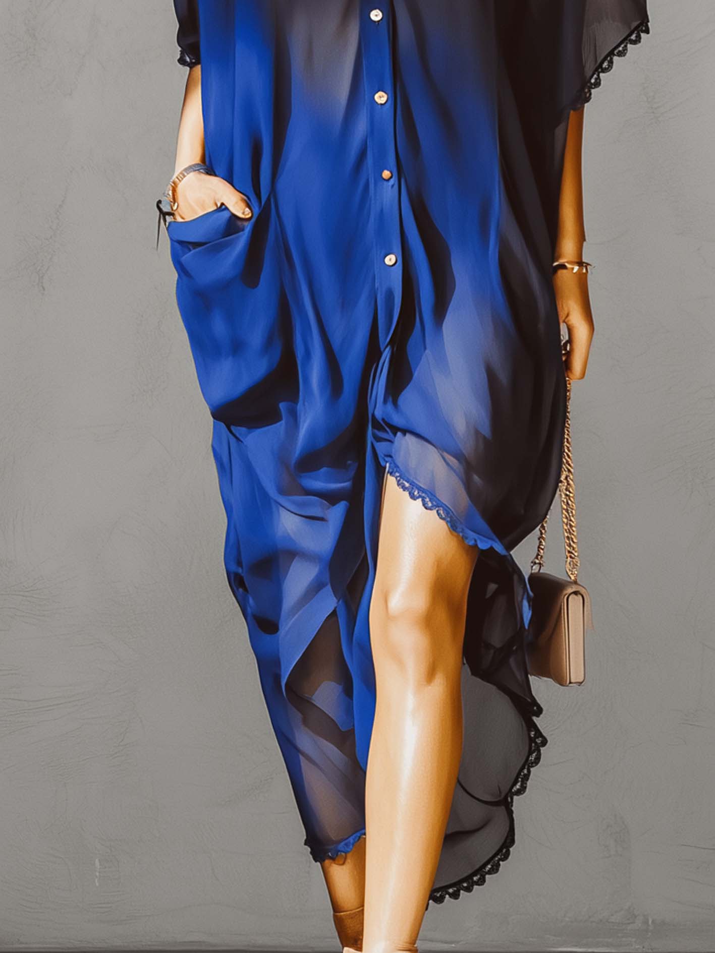 Ombre Blue Printed Lace Trim Midi Dress