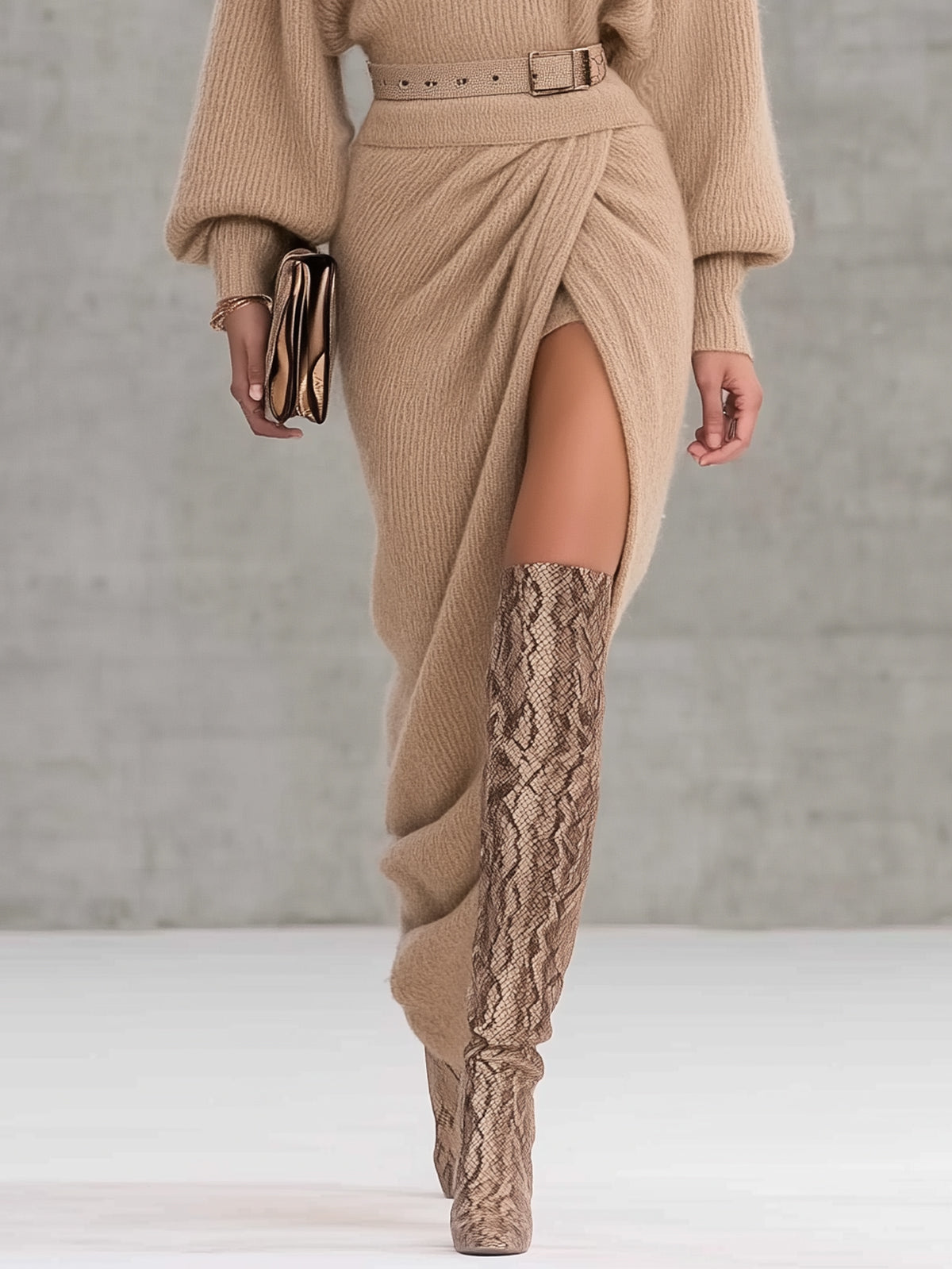 Camel Ribbed Knit Belted V-Neck Long Sleeve Maxi Dress