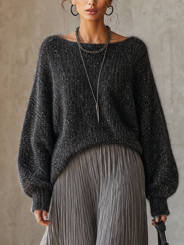 Charcoal Shimmer Knit Sweater And Smoke Gray Pleated Maxi Skirt Set