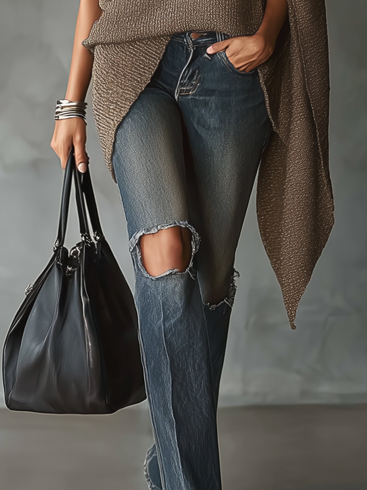Taupe Asymmetric Sleeve Turtleneck Loose Knit Sweater