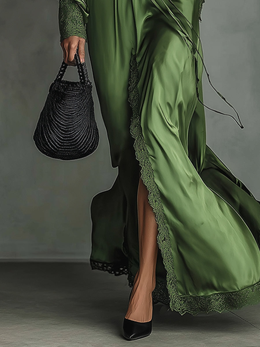 Green Satin Tie Waist Deep V-Neck Maxi Dress With Lace Trim