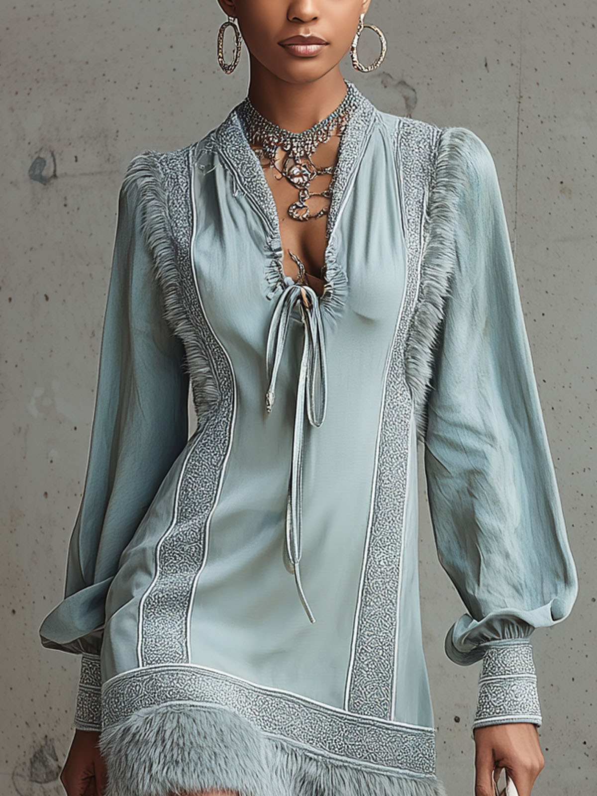 Mint Green V Neck Faux Fringed Print Mini Dress