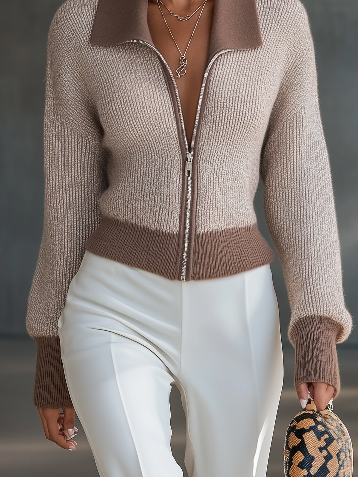 Two Tone Lapel Zip Knit Cardigan