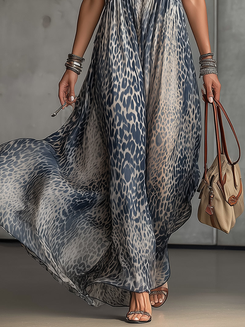 Blue Leopard Print Flowy Maxi Dress