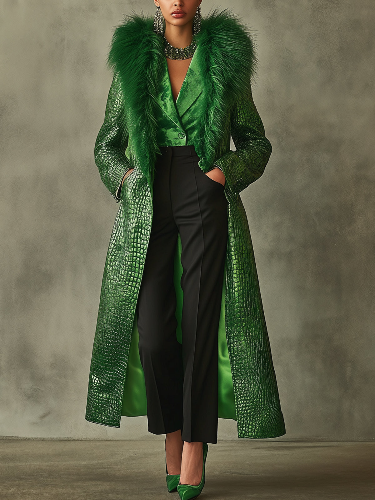 Green Crocodile Faux Fur Collar Long Coat