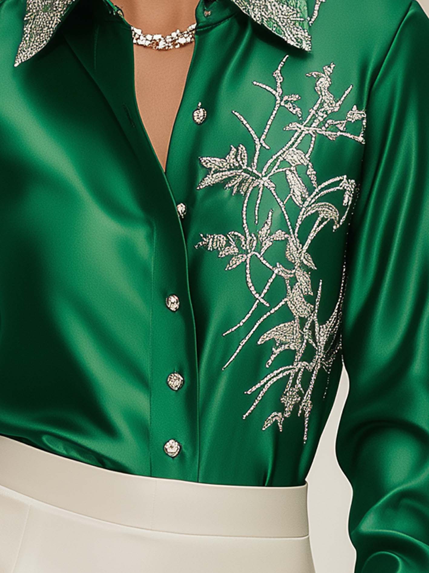 Green Satin Blouse With Luxurious Silver Botanical Embroidery