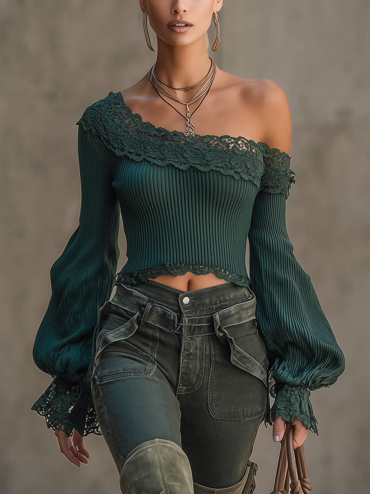 Green Ribbed Knit Lace Off-shoulder Cropped Pullover Sweater