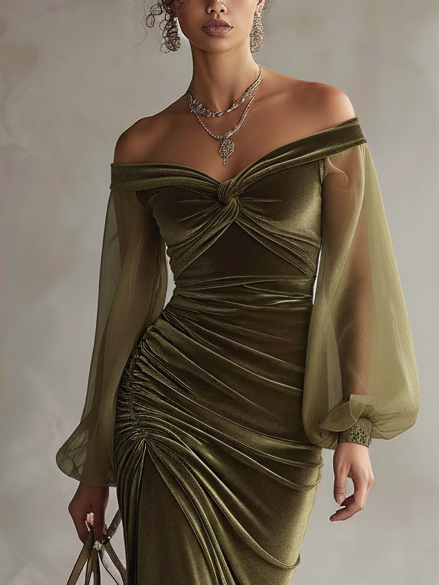 Olive Green Velvet Off Shoulder Bodycon Dress With Twist Ruched Detail