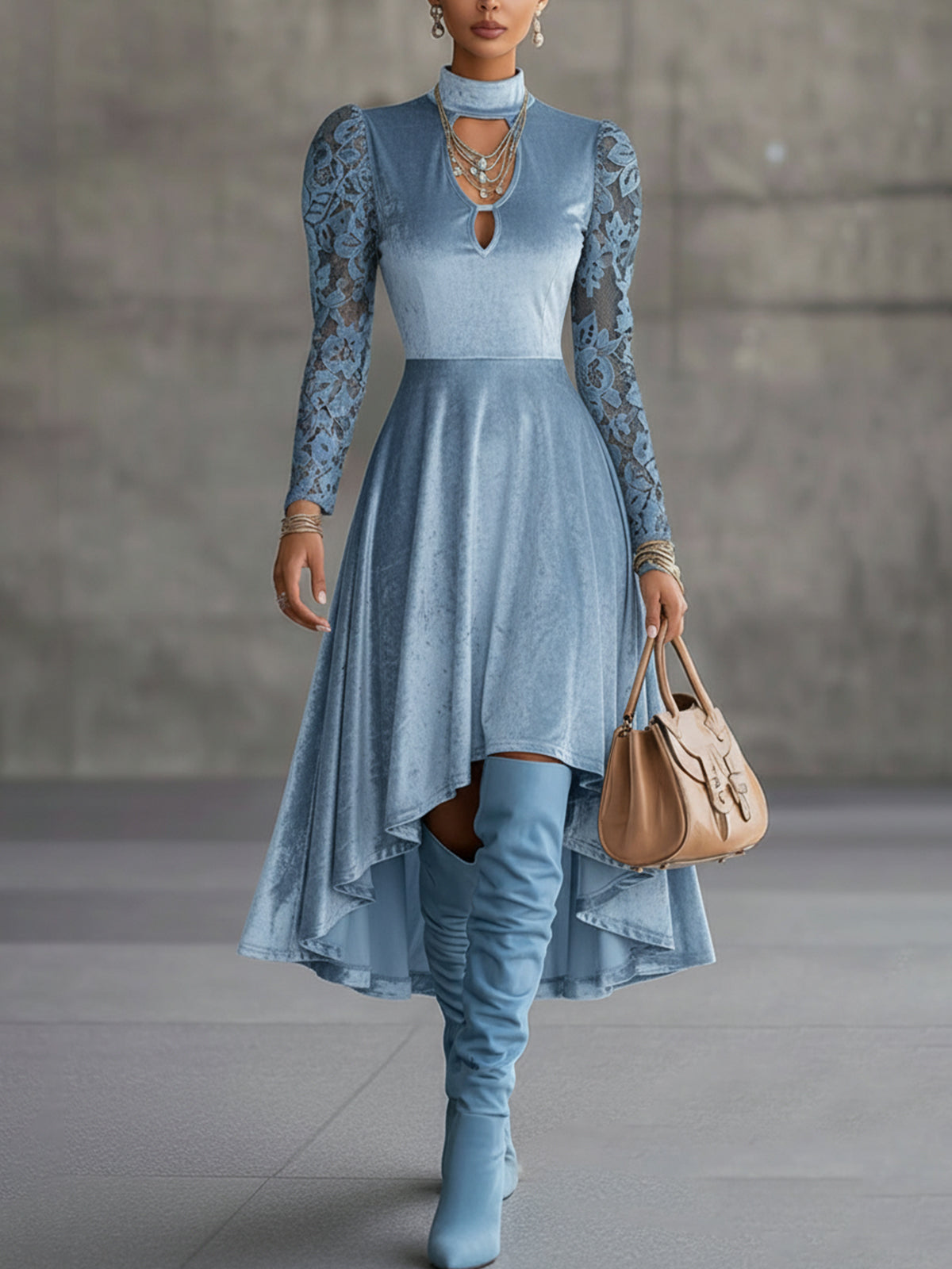Blue Velvet High-Low Dress With Lace Sleeves And Keyhole Neckline