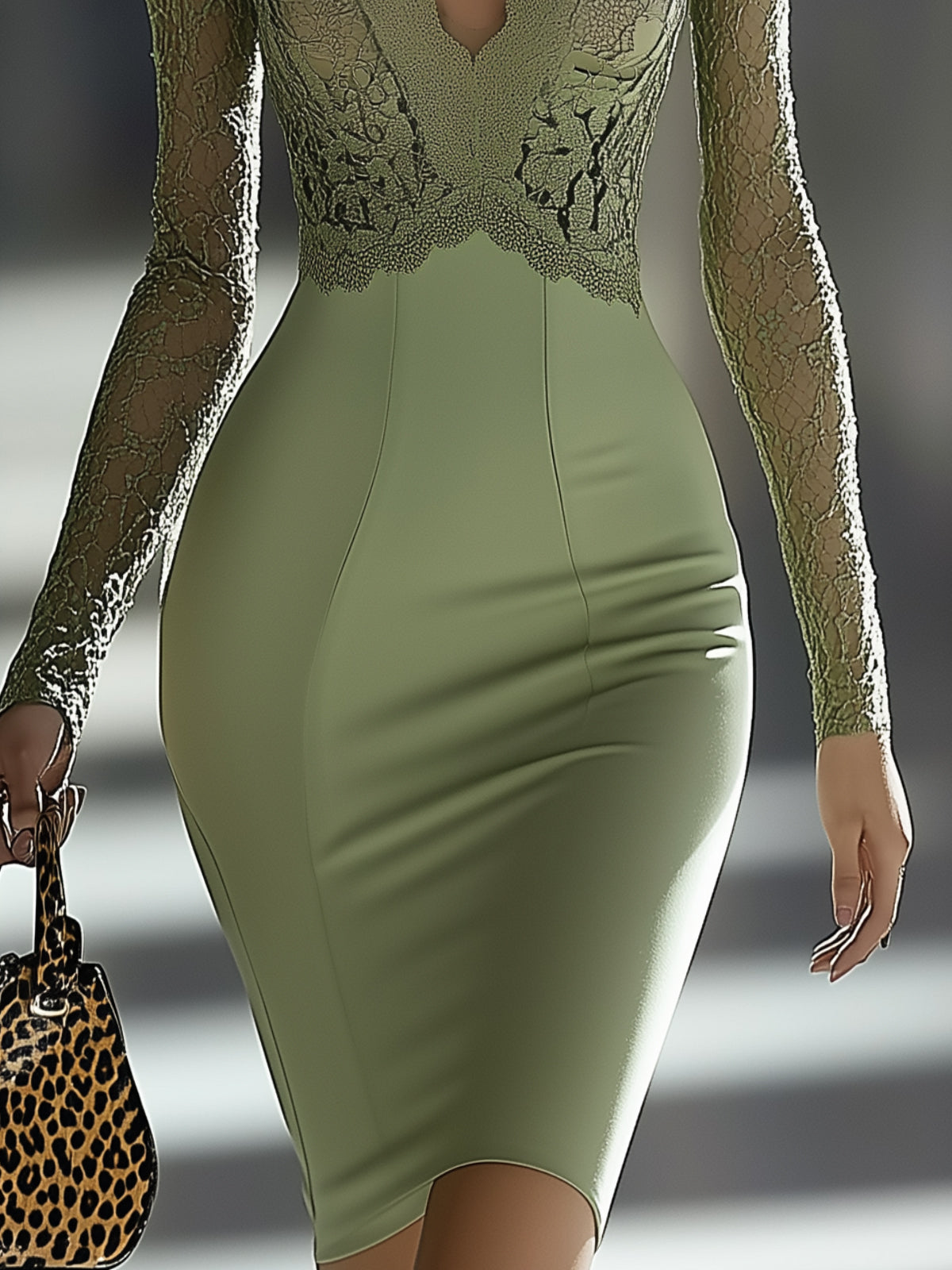 Green Midi Dress With Lace Fitted Silhouette