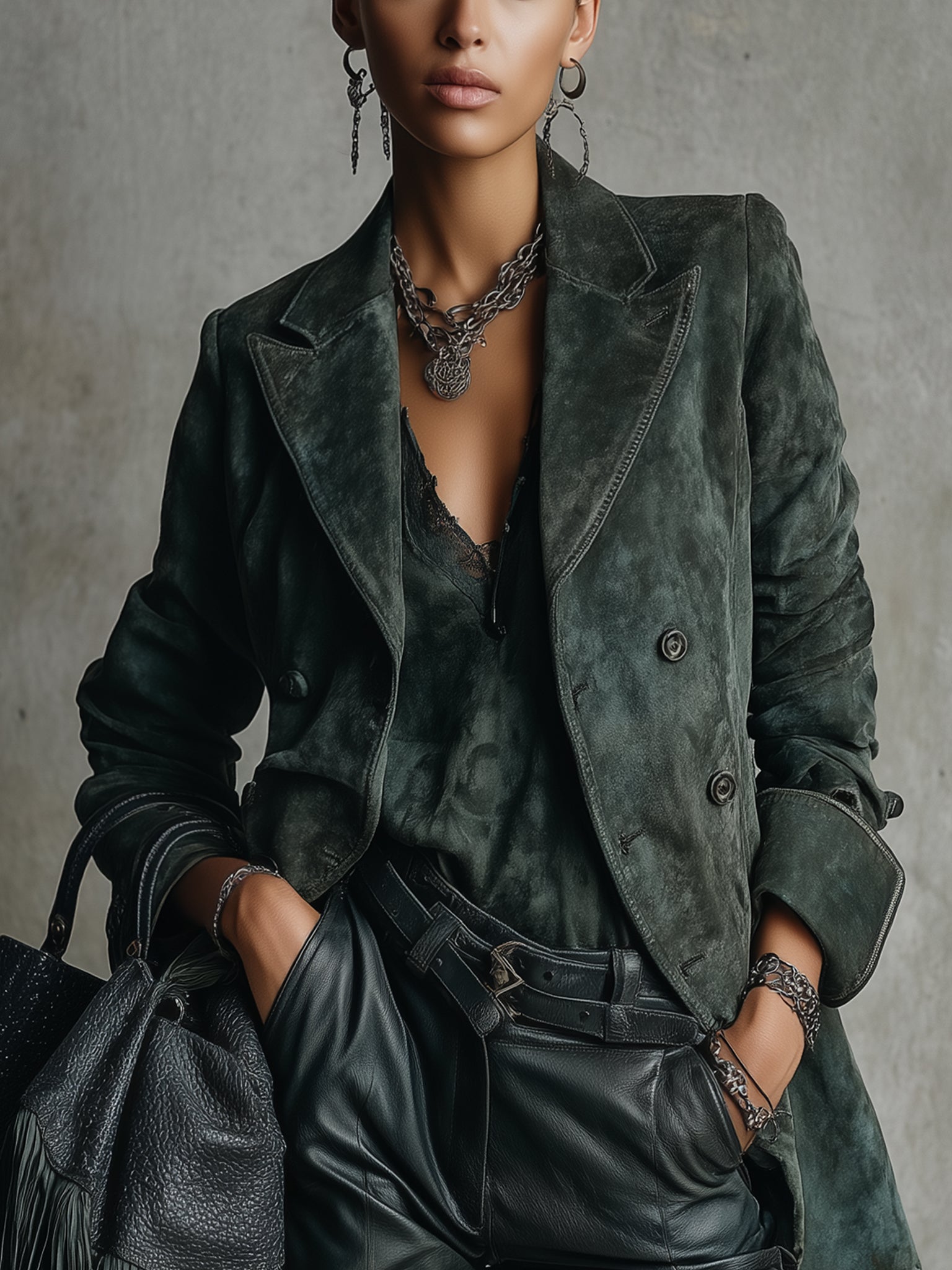 Green Vintage Washed Suede Long Sleeve  Jacket