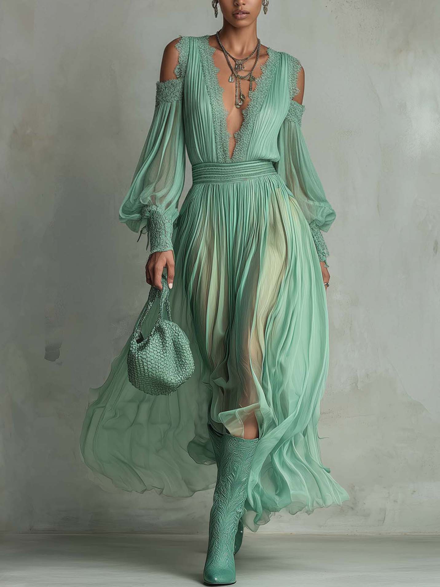Mint Green Chiffon Lace Cold Shoulder Maxi Dress