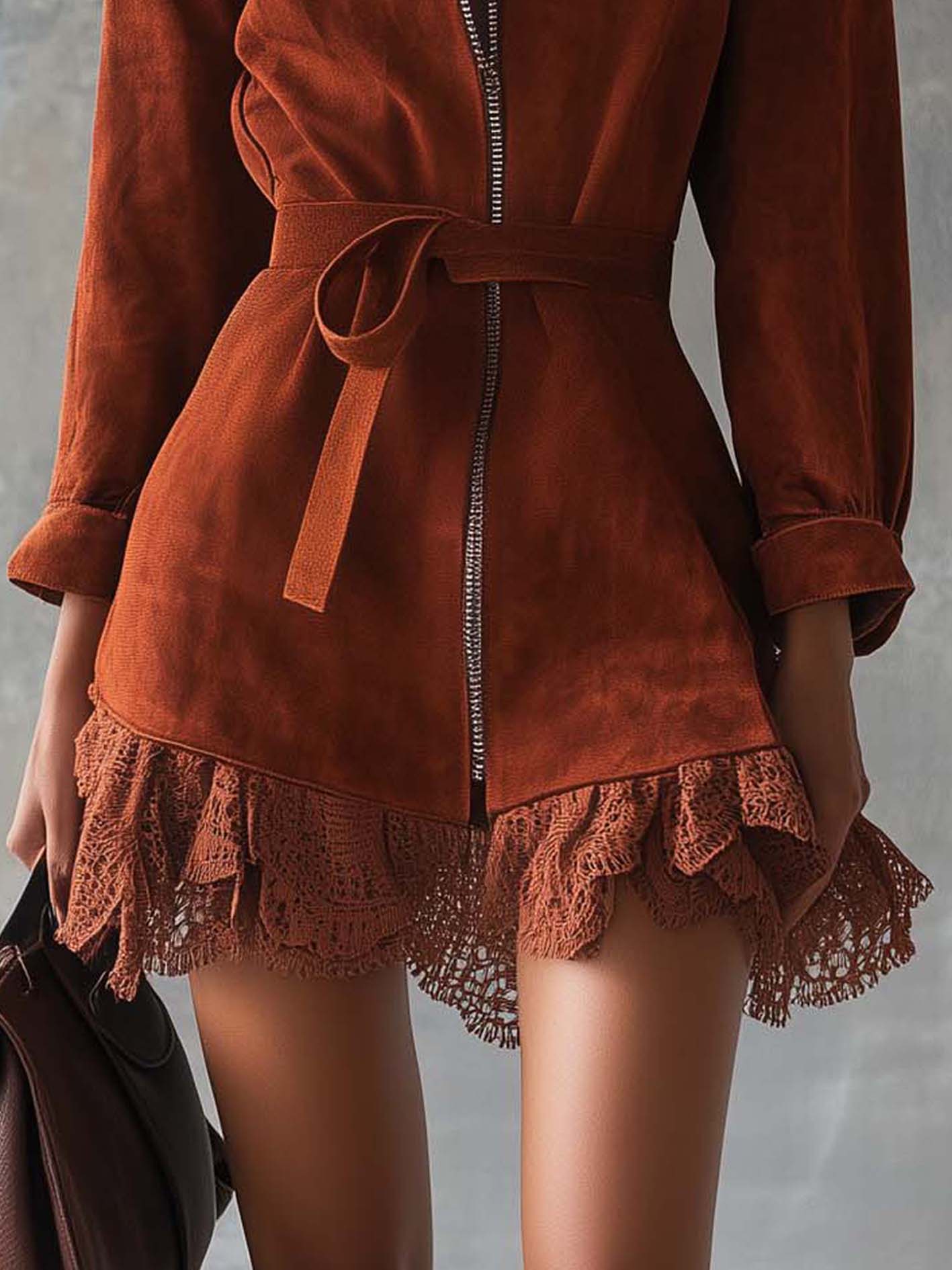 Reddish-brown Faux Suede Mini Dress With Lace And Zipper