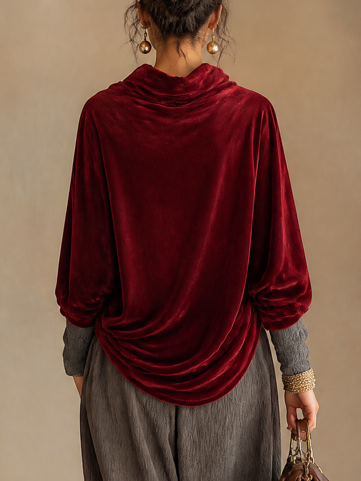 Burgundy Velvet Cowl Neck Batwing Sleeve Blouse