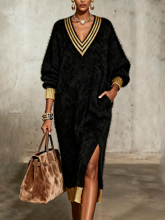 Black Fuzzy Knit Dress With Gold Accents