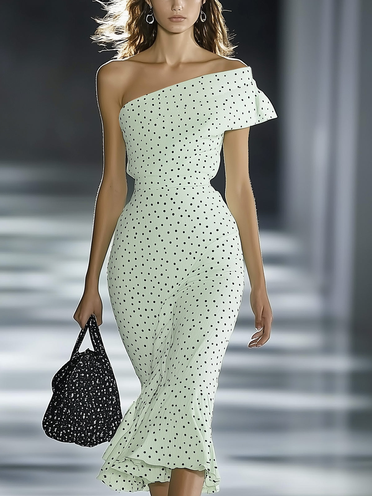 One Shoulder Green Polka Dot Mermaid Dress