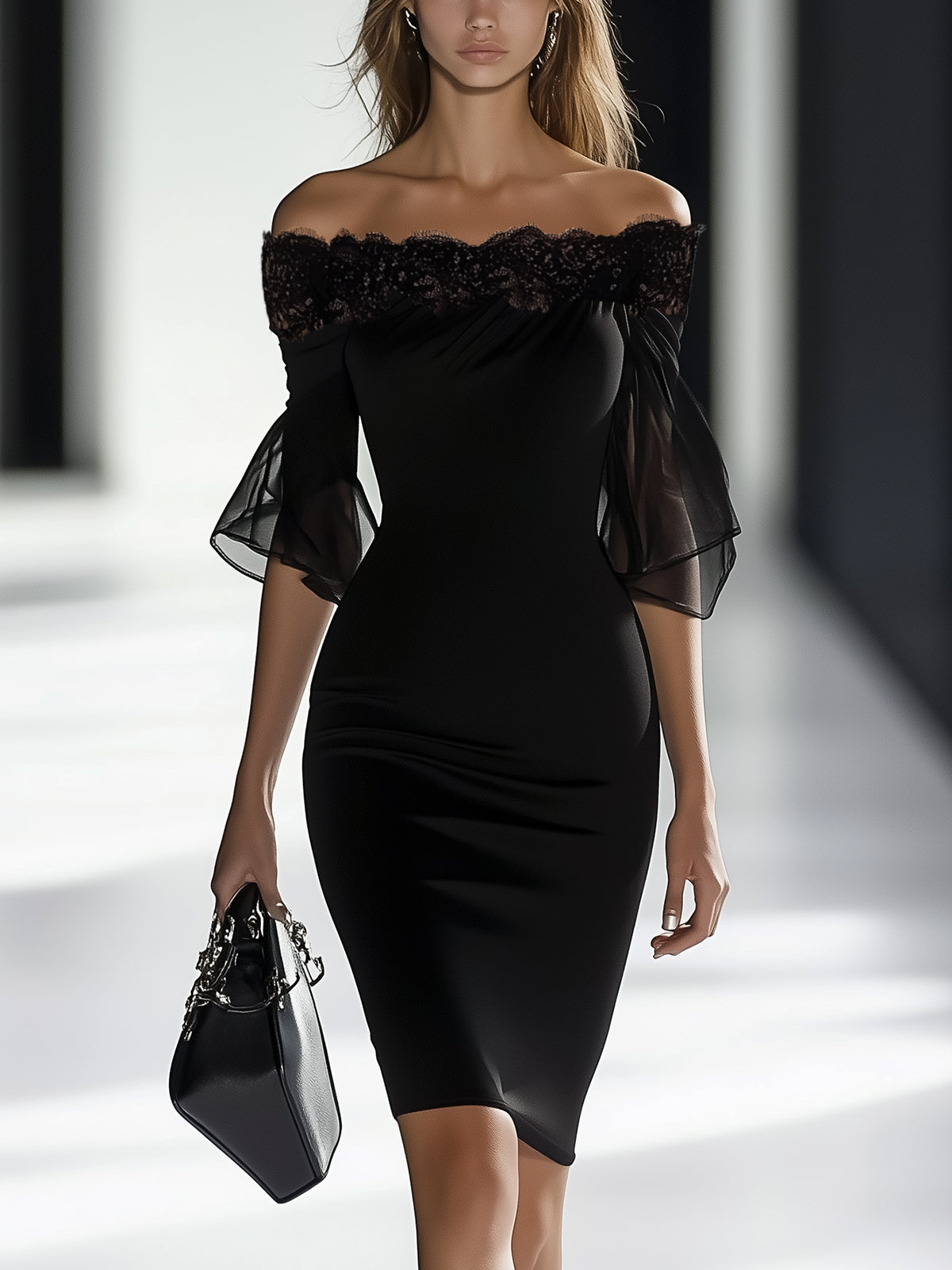 Lace Off Shoulder Organza Bell Sleeve Bodycon Dress