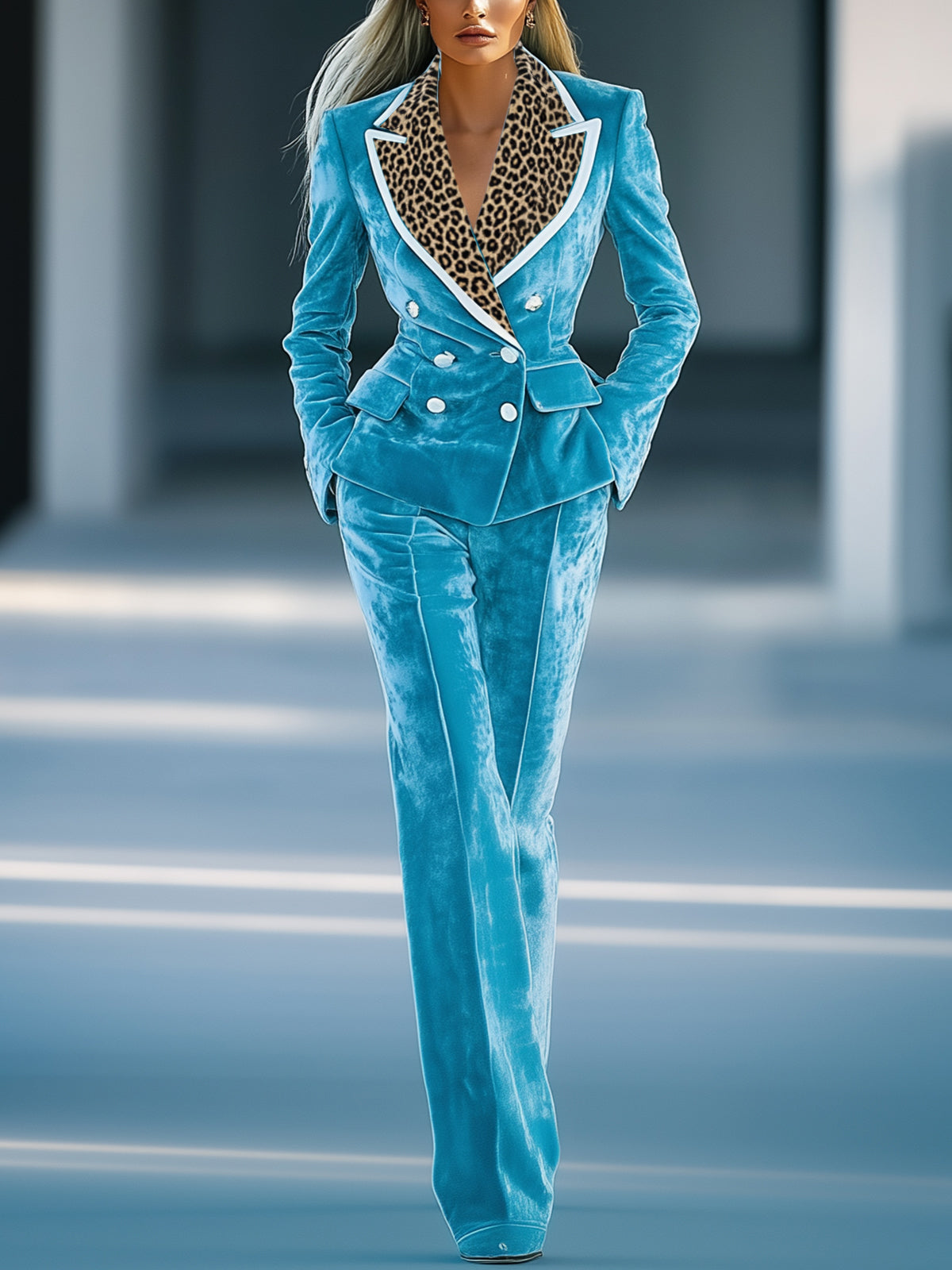 24-Hour-Shipping Stylish Blue Velvet Suit With Leopard Print Lapel