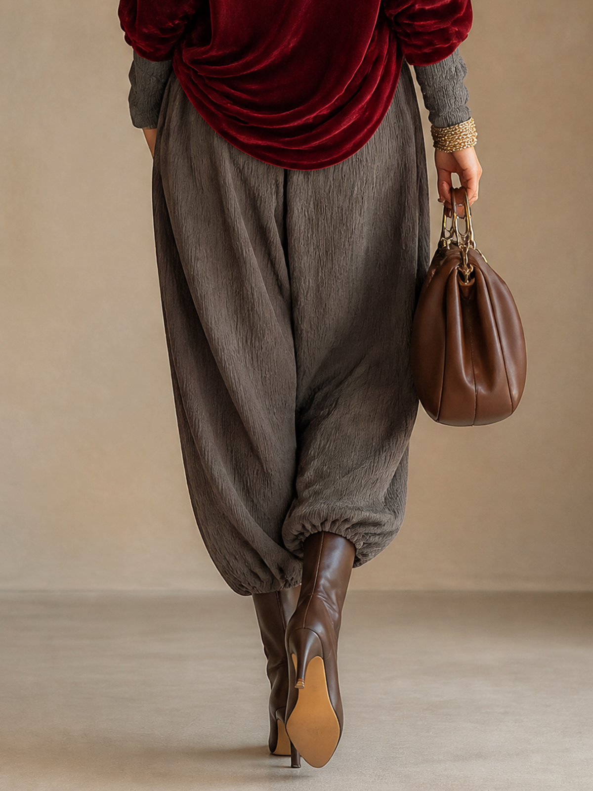 Grey Crinkled Textured Harem Trousers