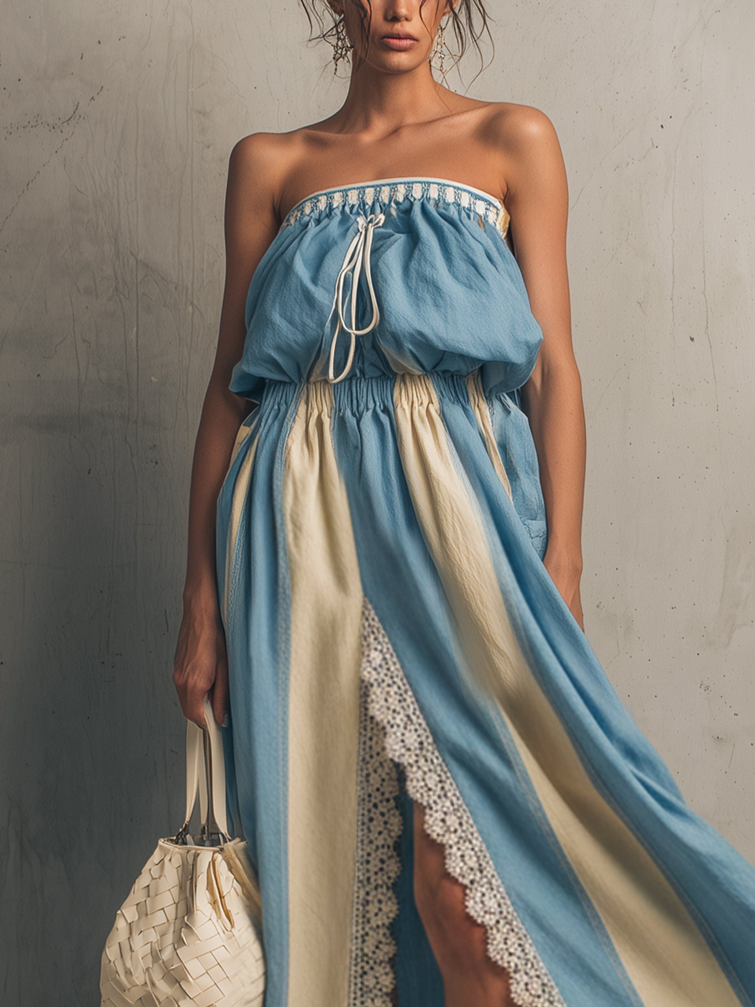 Blue Elastic Smocked Lace Trim Maxi Dress