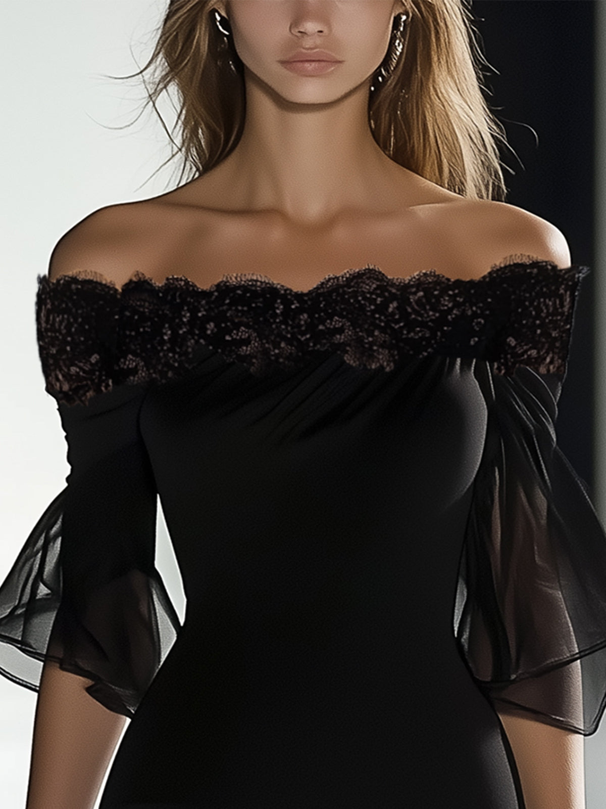 Lace Off Shoulder Organza Bell Sleeve Bodycon Dress