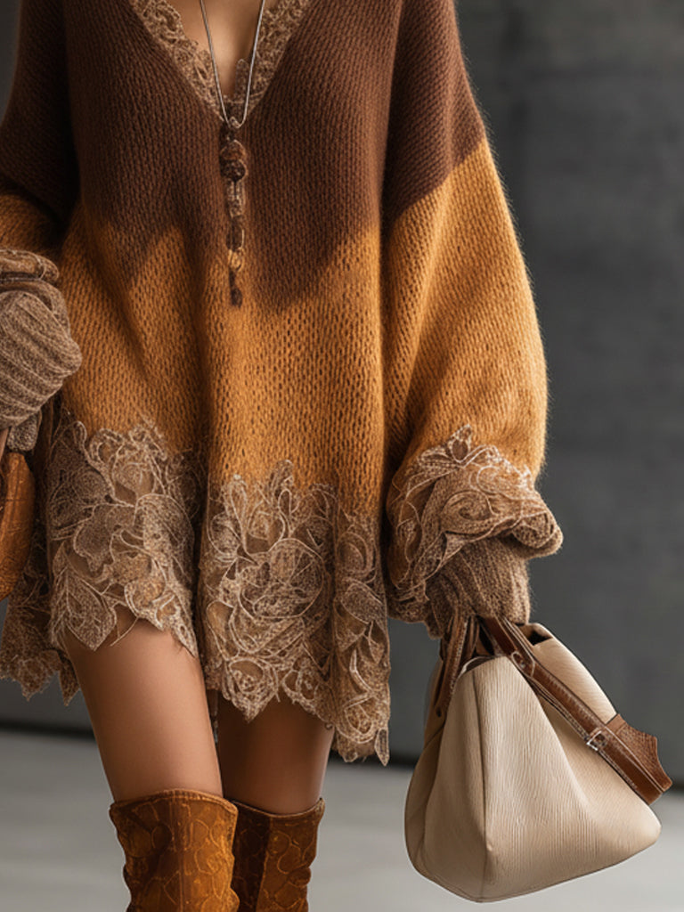 Brown Ombre Knit Lace Oversized Long Sleeve Mini Dress