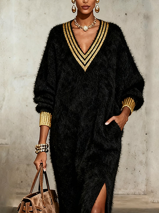 Black Fuzzy Knit Dress With Gold Accents