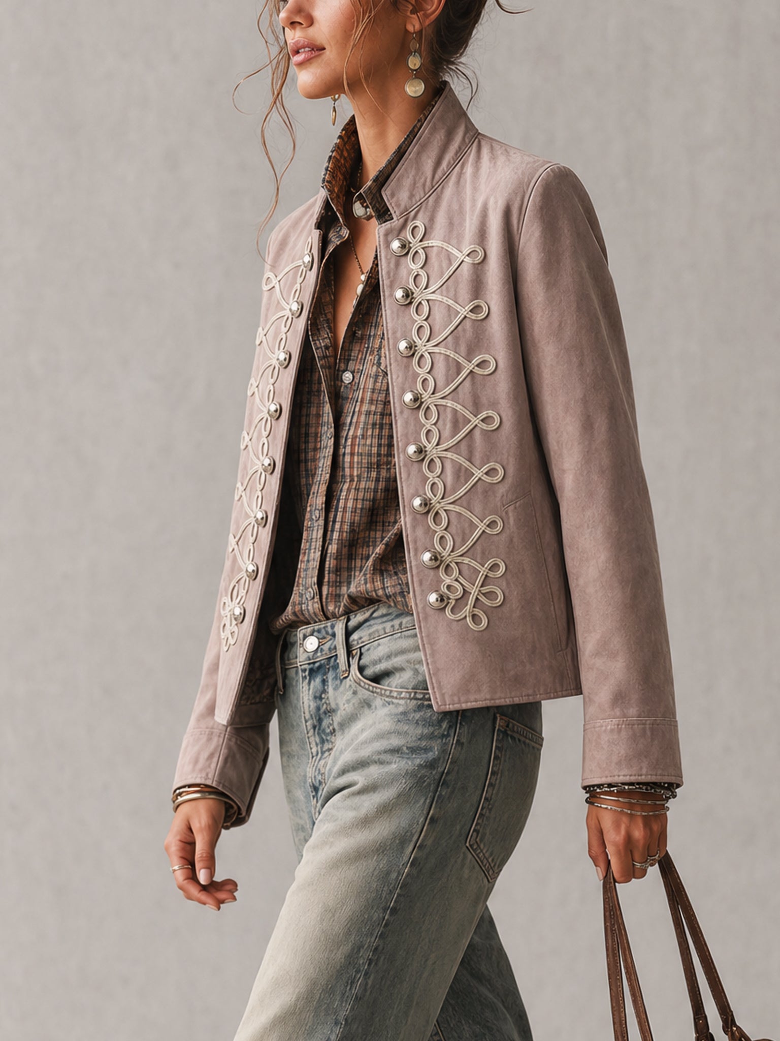 Pink Faux Suede Vintage Embroidered Jacket