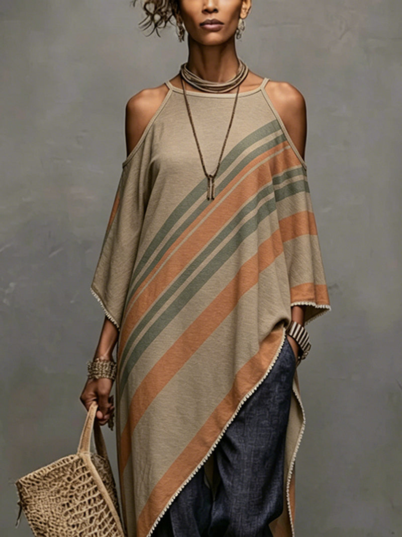Khaki Linen Blend Printed Off Shoulder Dress With Fringe Hem