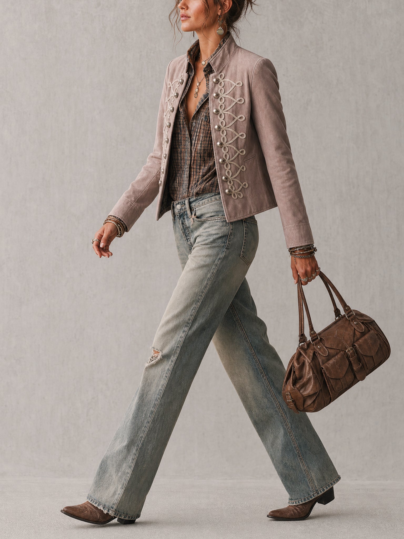 Pink Faux Suede Vintage Embroidered Jacket