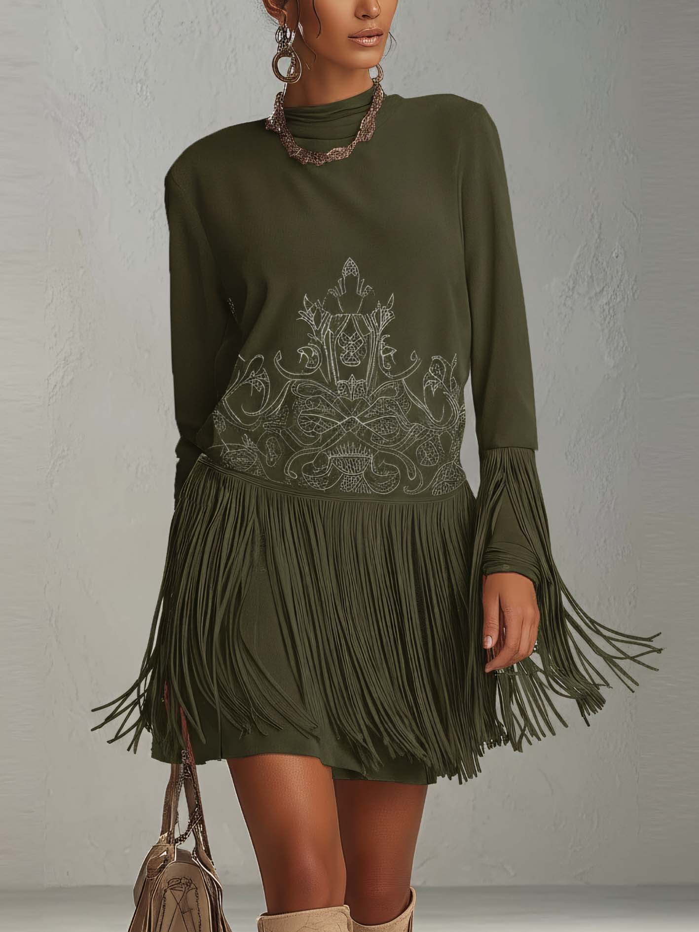 Olive Green Faux Suede Fringe Mini Dress With Vintage Embroidery