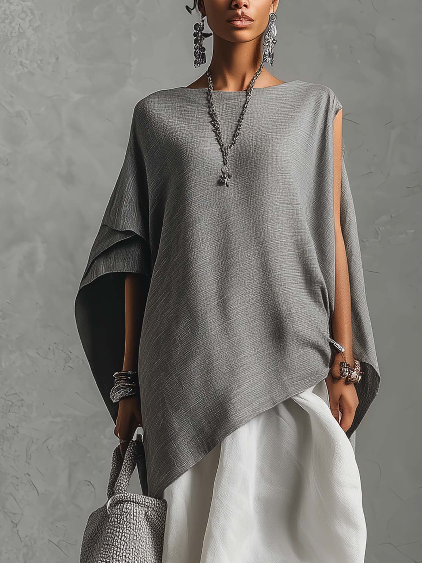 Gray And White Cotton Linen Dress Set