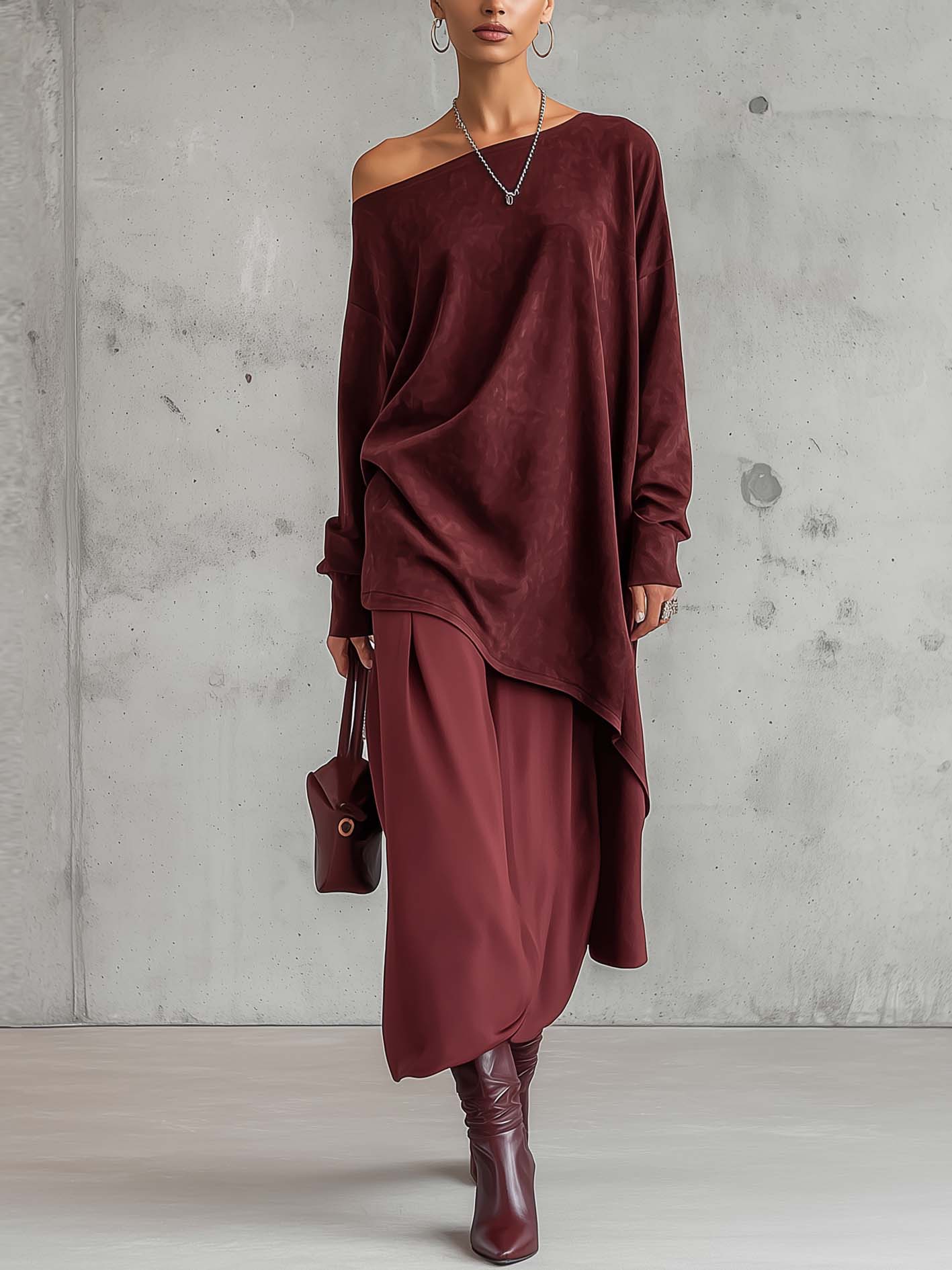 Burgundy Faux Suede One Shoulder Maxi Dress With Asymmetric Hem And Layered Design